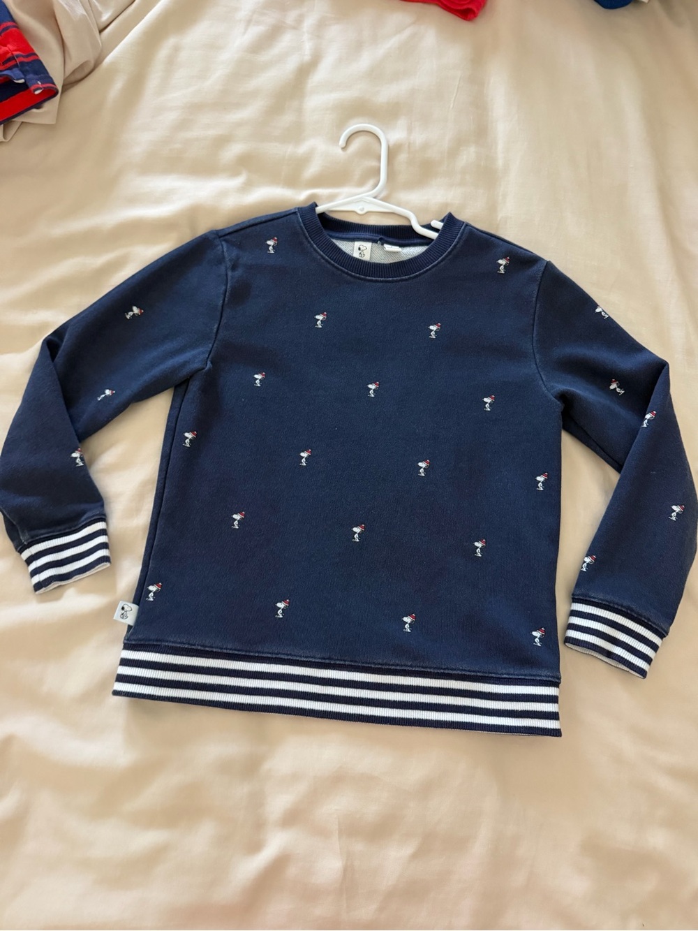 Janie and Jack Navy Embroidered Snoopy Stripe Hem Sweatshirt boys size 7